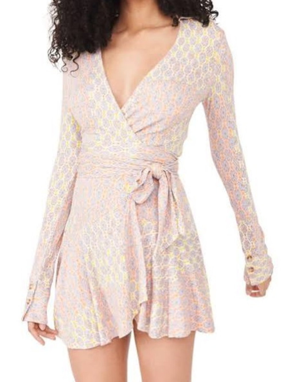 Wrap Front Long Sleeve Mini Dress in Light Pink and Yellow